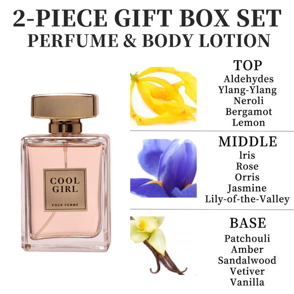 2-piece set, women's perfume spray and body lotion gift box, lasting fragrance, aldehydes, jasmine, ylang, orange blossom, bergamot, lemon flavor, very suitable for holiday gifts, dates, parties Berry Charmz