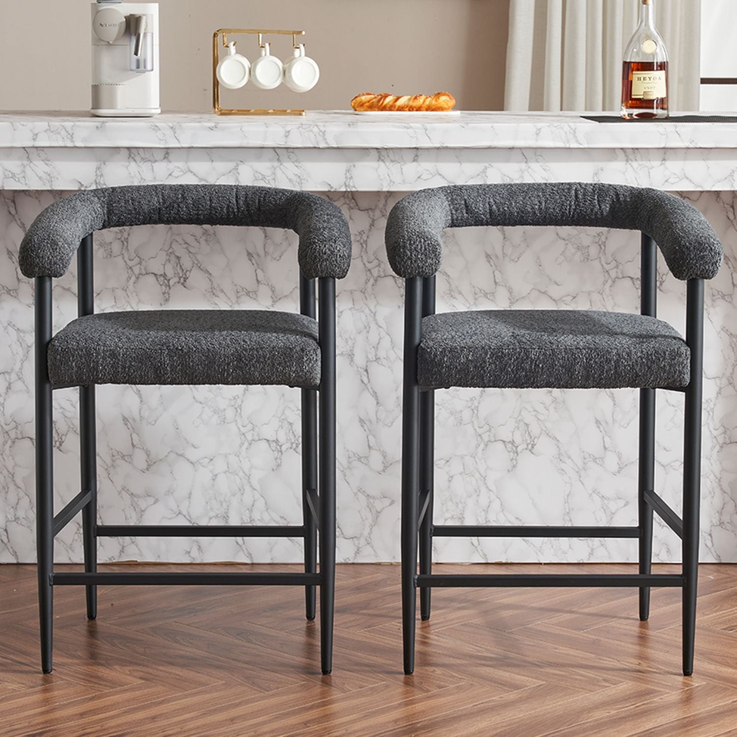 Modern Upholstered Bar Stools Set of 2, Boucle Fabric Counter Height Chairs BLAKHOM