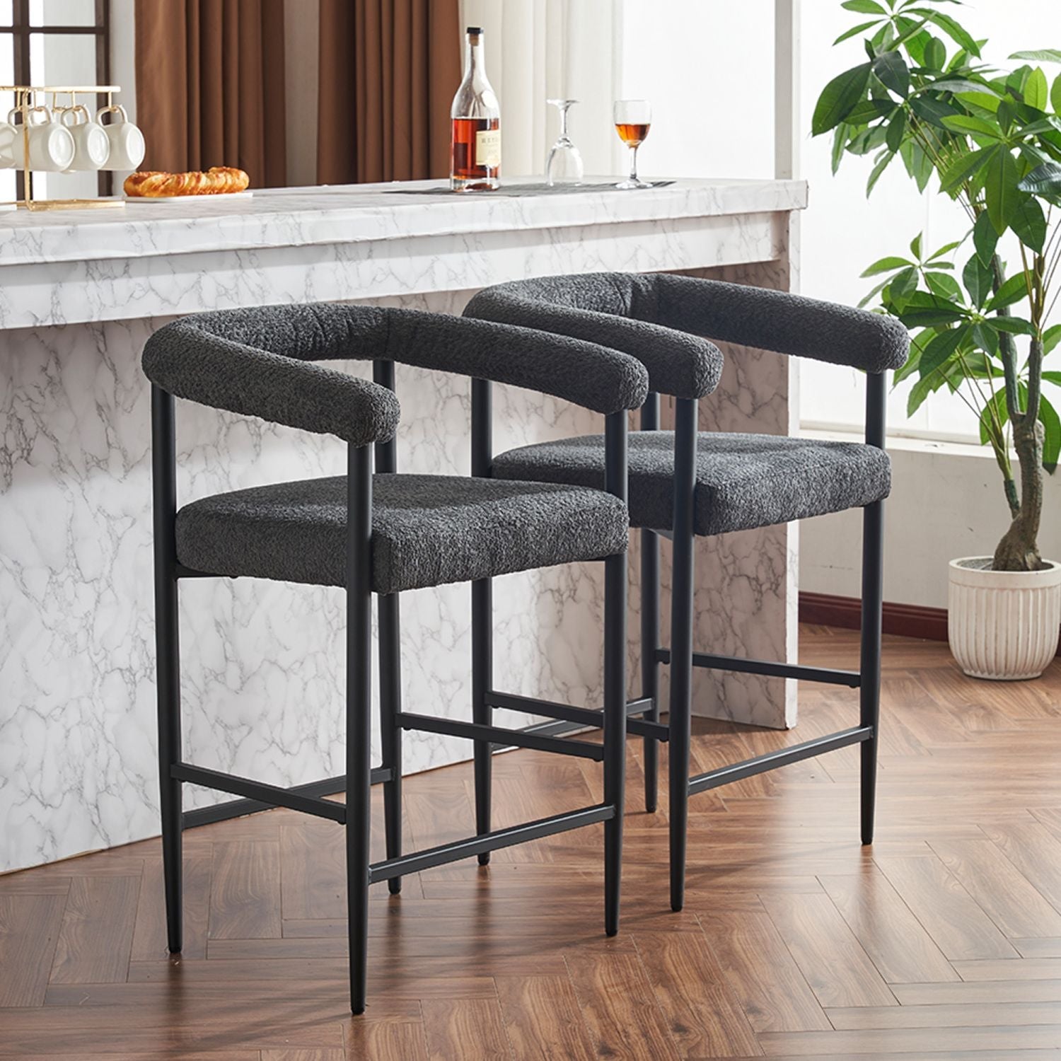 Modern Upholstered Bar Stools Set of 2, Boucle Fabric Counter Height Chairs BLAKHOM