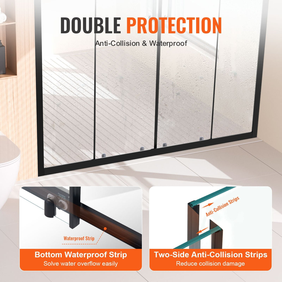 Semi-frameless Shower Door, 57.8-59 W x 70 H in, Double Sliding Glass Door- Matte Black