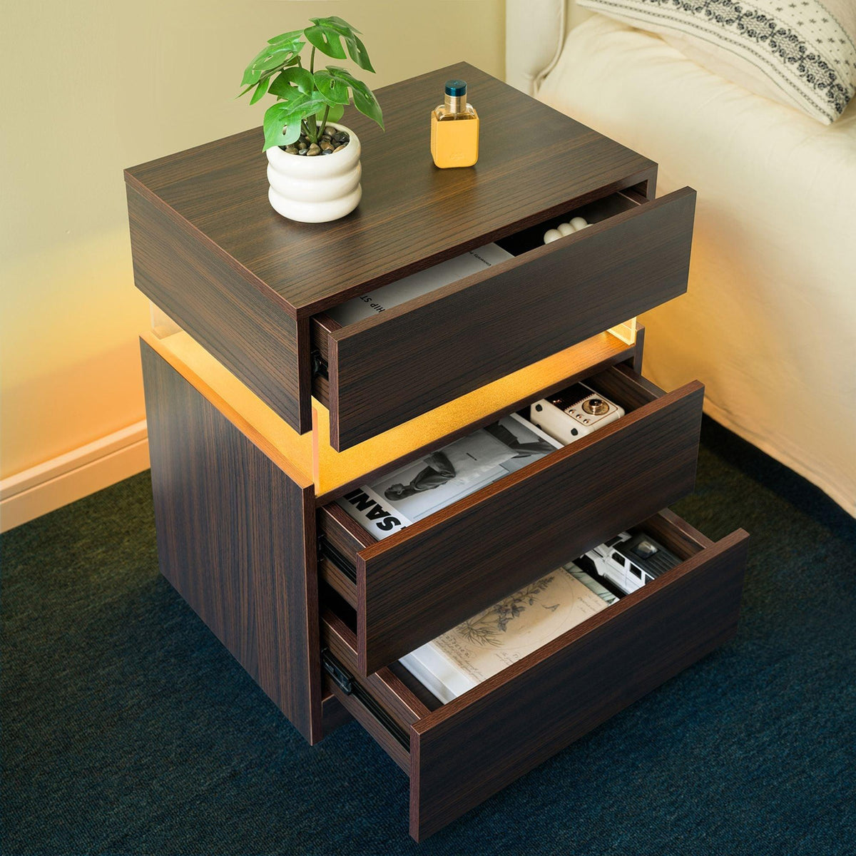 LED Nightstand 3 Drawer Dresser for Bedroom End Table with Acrylic Board LED Bedside Tables (Walnut)