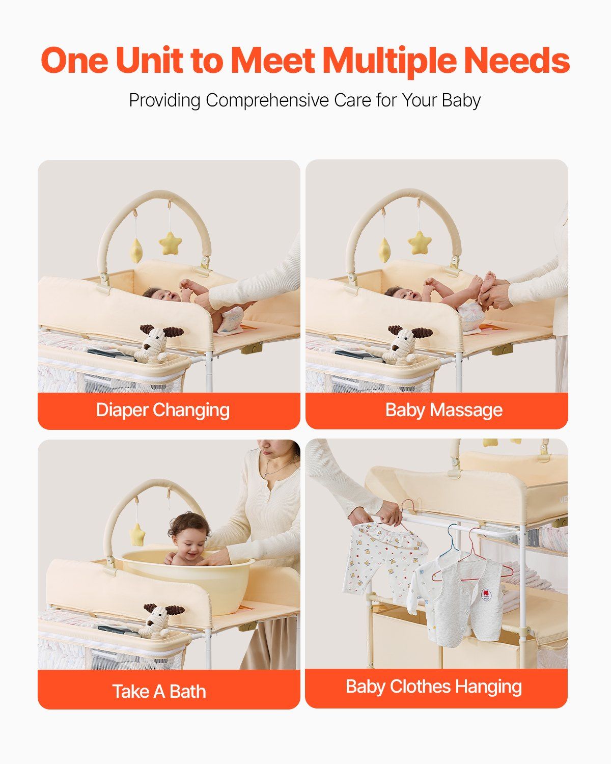 Baby Changing Table, Foldable Diaper Change Station with 2 Fabric Drawers, Side Basket & Hanging Rod, Adjustable Height Portable Changing Table with Lockable Wheels & 2 Star Toys, Light Beige