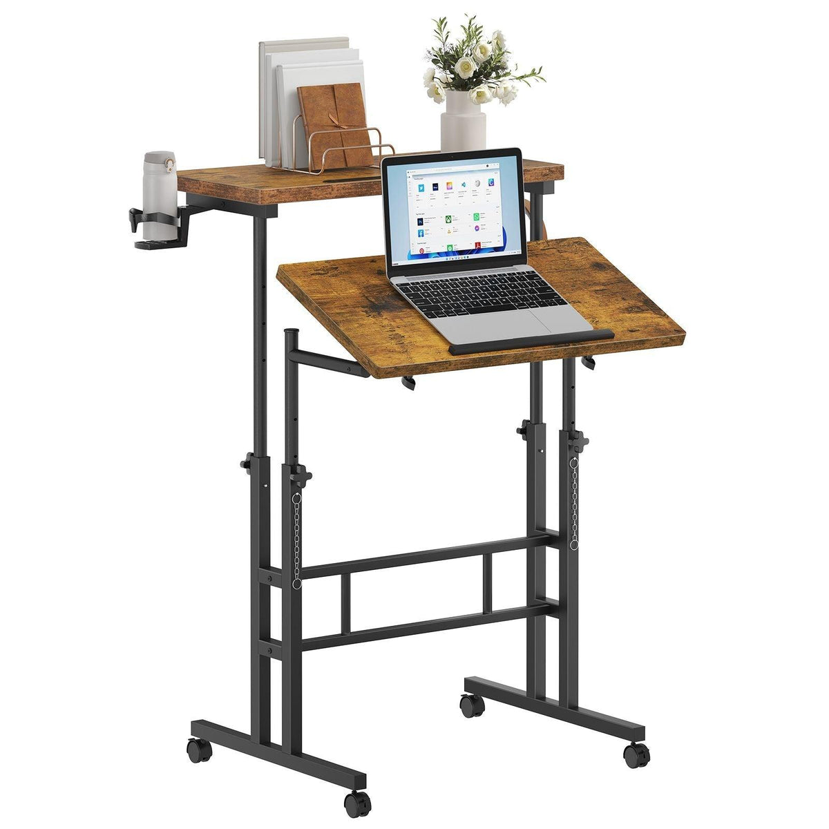 24 inch Manual Height Adjustable Split Top Standing Desk on Wheels - Sit-Stand workstation with Rolling Base, Space-Saving
