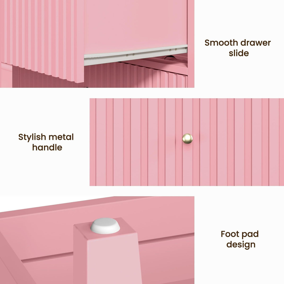 Modern Fluted Night Stand Pair - Chic Pink Wooden End Tables with 2 Drawers and Gold Handles for Bedrooms