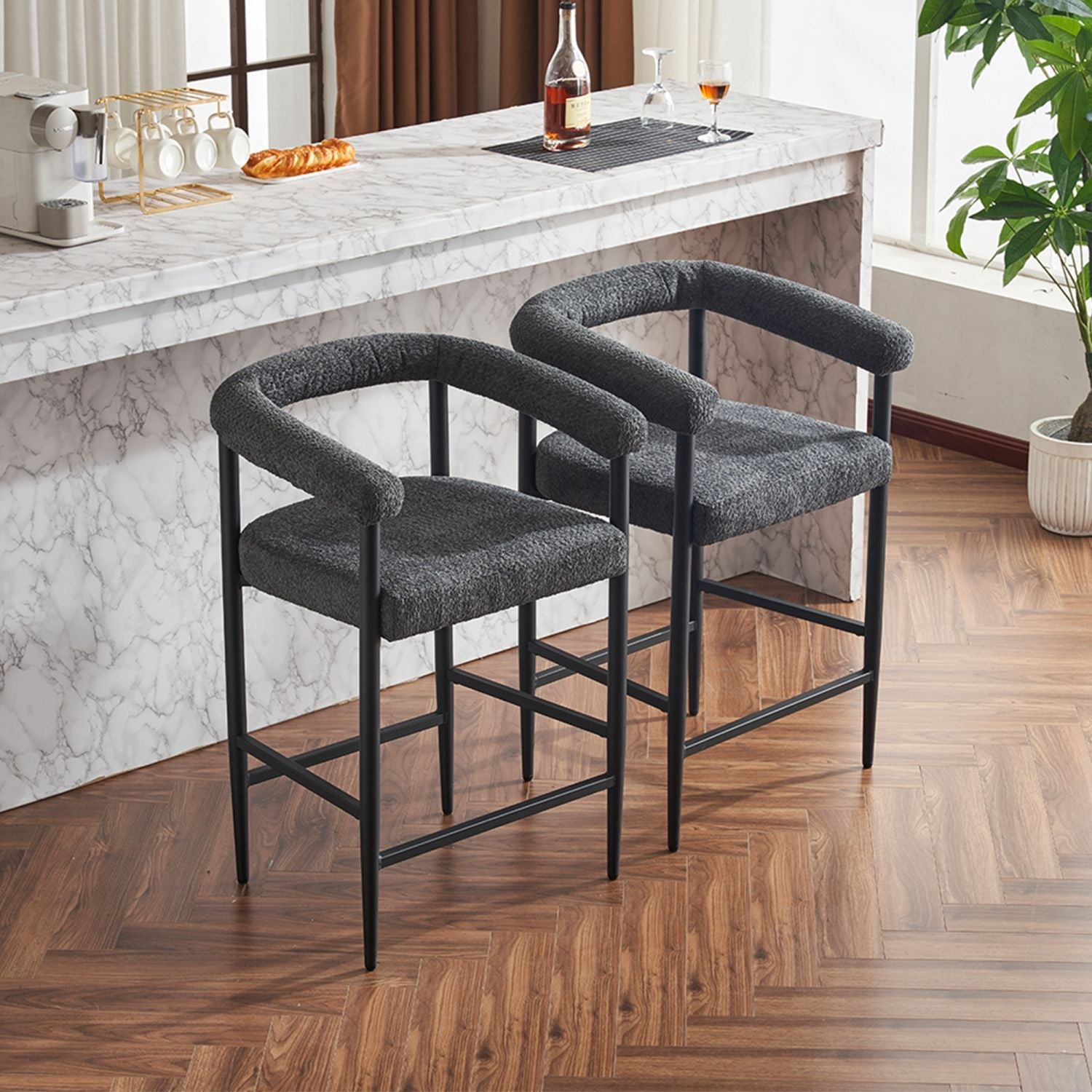 Modern Upholstered Bar Stools Set of 2, Boucle Fabric Counter Height Chairs BLAKHOM
