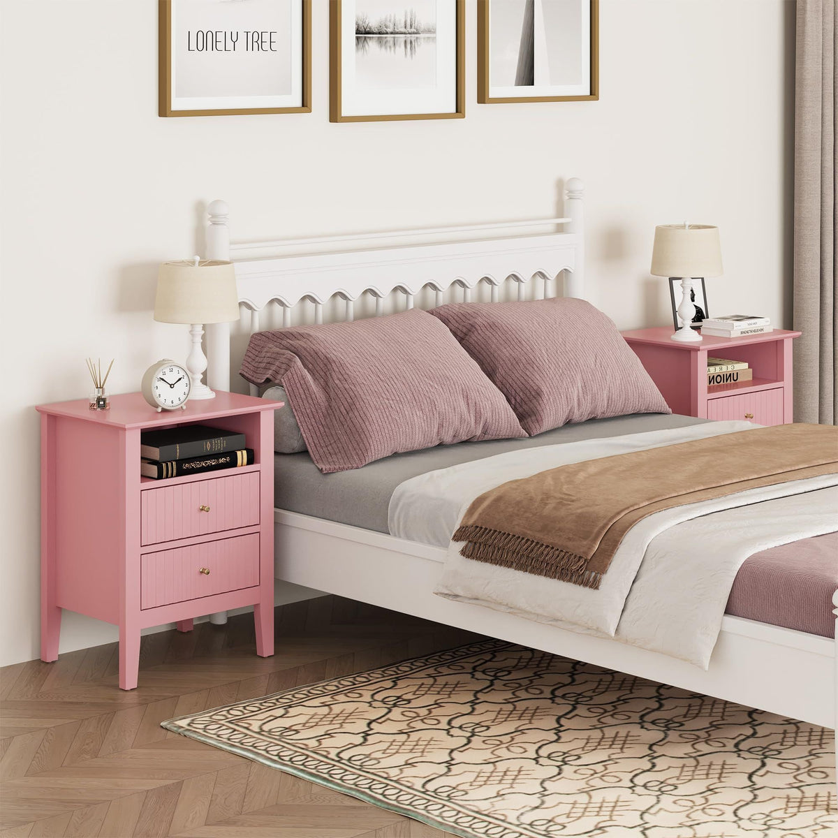 Modern Fluted Night Stand Pair - Chic Pink Wooden End Tables with 2 Drawers and Gold Handles for Bedrooms
