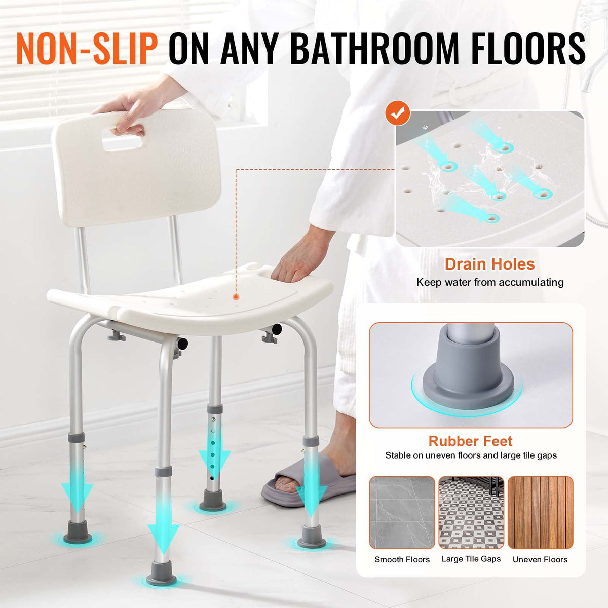 Shower Chair with Back Adjustable Non-Slip Bath Seat 350 lbs
