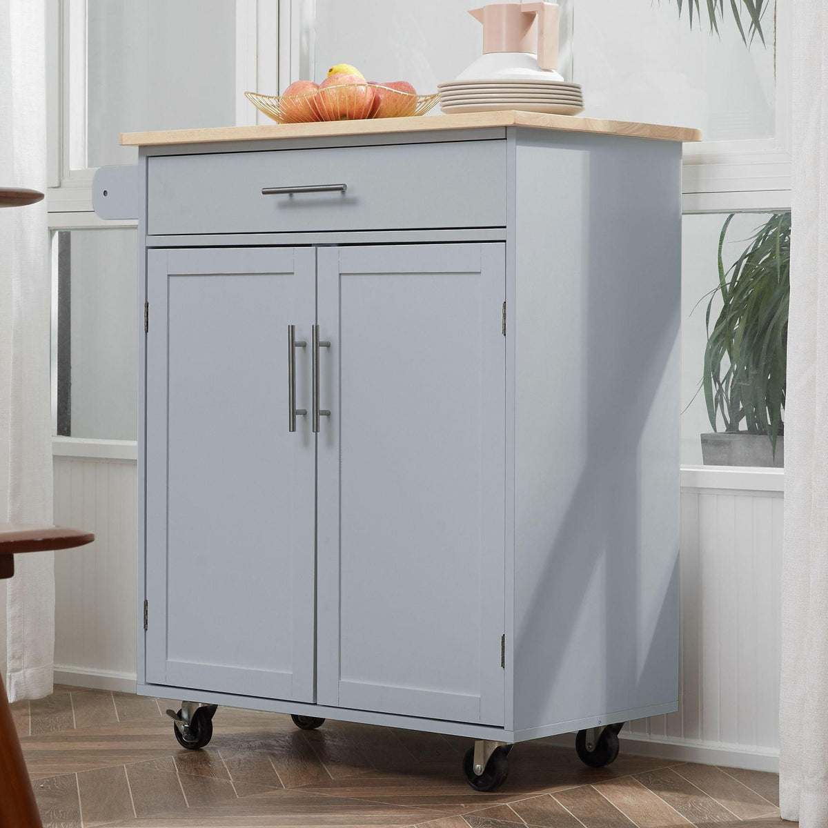 Mobile Kitchen Cart, Gray, Rolling Cart Island with Drawer, Cabinet & Towel Rack