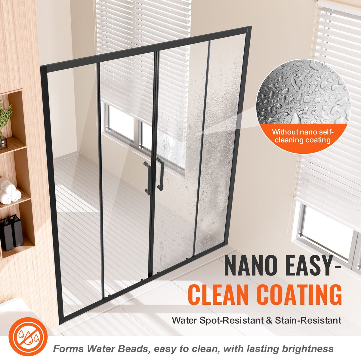 Semi-frameless Shower Door, 57.8-59 W x 70 H in, Double Sliding Glass Door- Matte Black