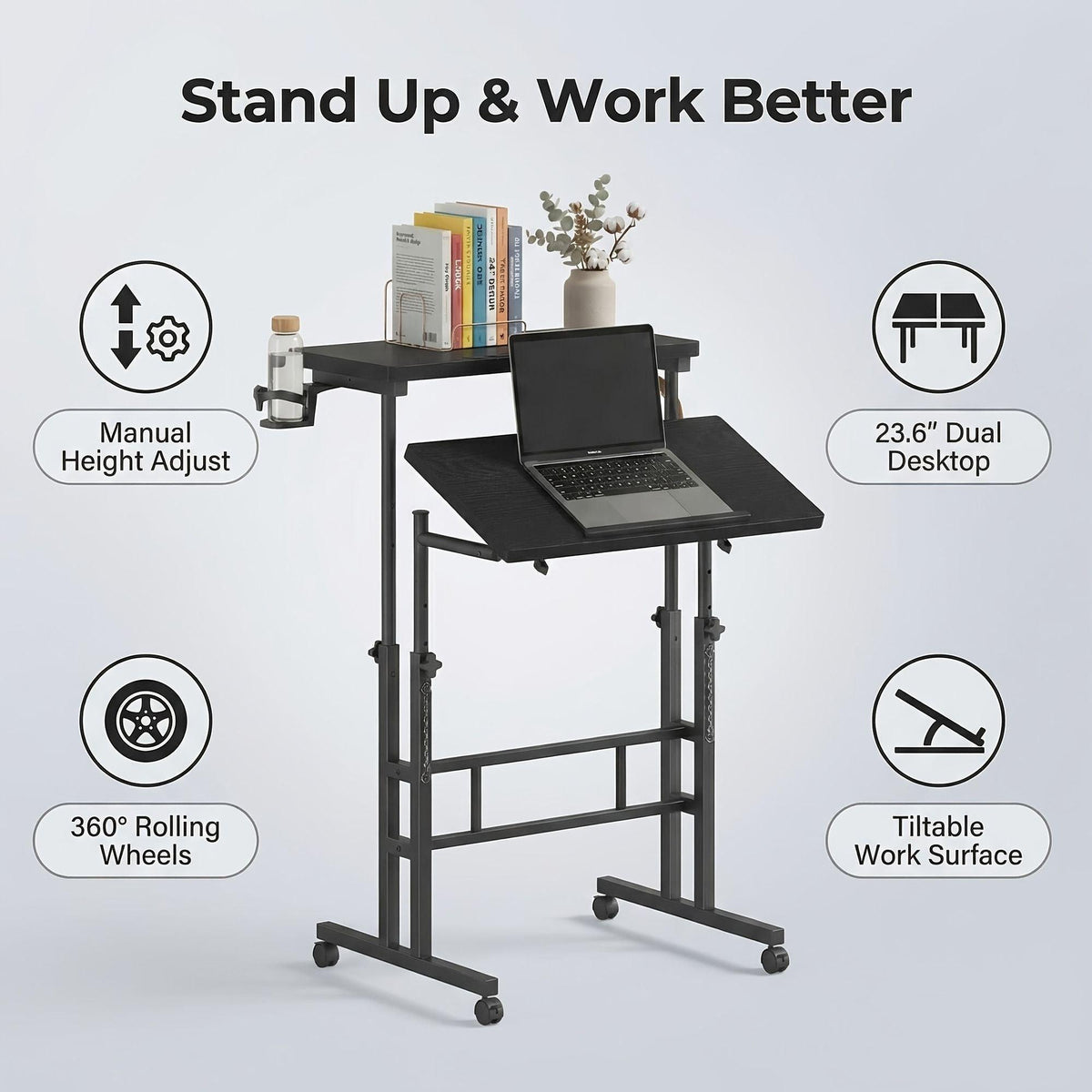 24 inch Manual Height Adjustable Split Top Standing Desk on Wheels - Sit-Stand workstation with Rolling Base, Space-Saving