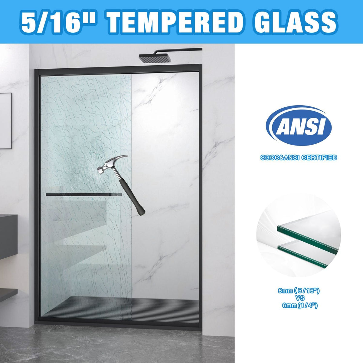 Aluminum Frame Double Sliding Shower Door, Bypass Bathroom Sliding Door with Premium 5/16