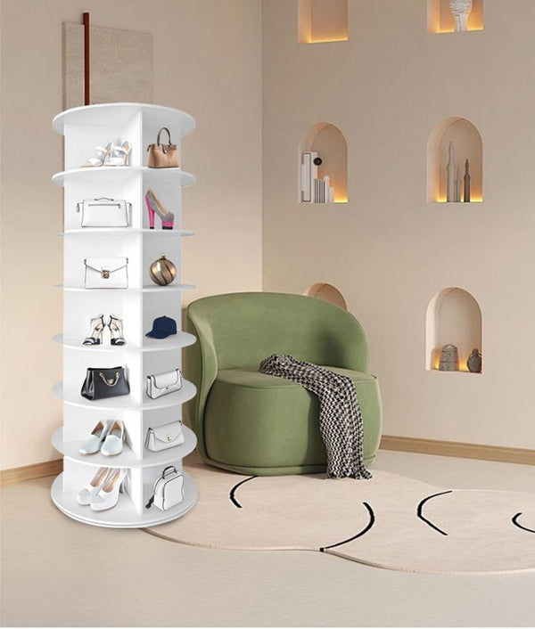 7 Tier Rotating Shoe Rack Tower, Spinning Shoe Display, 360 Shoe Rack Storage Round Carousel, Vertical Handbag Rotate Shoes Closet Organization, Christmas Gift (WHITE) Berry Charmz