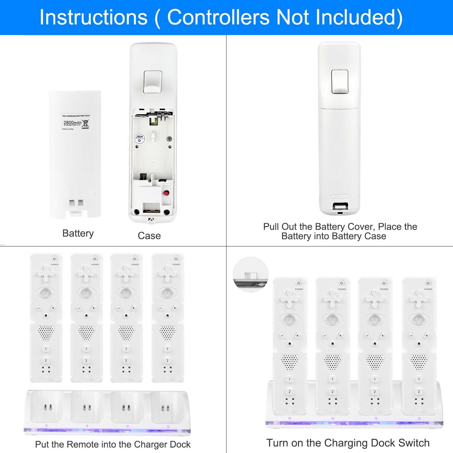 4 Remotes Charging Dock Game Controller Charger 2800mAh Rechargeable Battery Charging Stations w/ LED Indicator for Wii Nintendo Berry Charmz