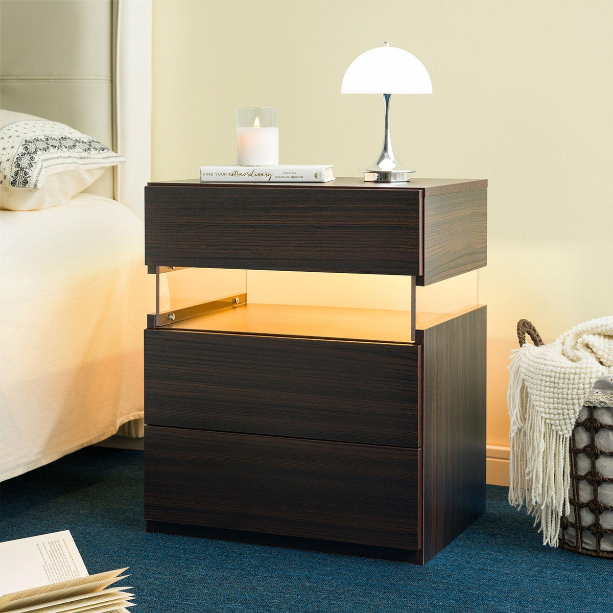 LED Nightstand 3 Drawer Dresser for Bedroom End Table with Acrylic Board LED Bedside Tables (Walnut)