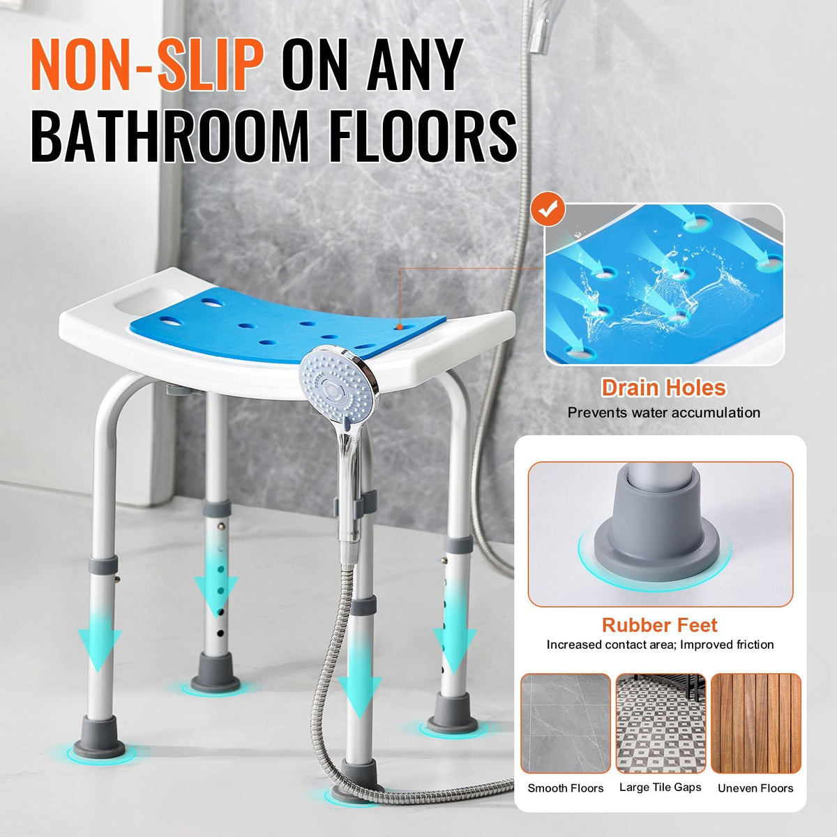 Adjustable Shower Stool with Non-Slip Feet, 350 lb Capacity