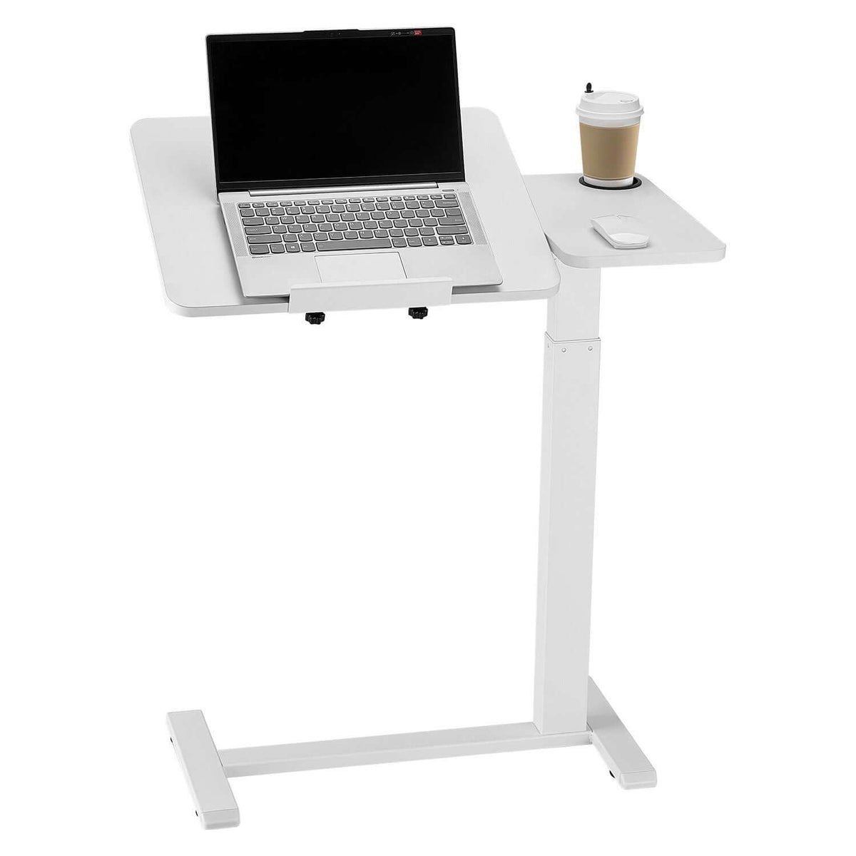 Portable Bedside Table with Adjustable Height & Angle - Rolling Laptop Desk with Flip Top Surface, 4 Hidden Wheels, Cup Holder, White