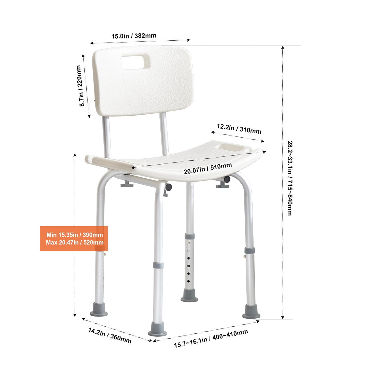 Shower Chair with Back Adjustable Non-Slip Bath Seat 350 lbs