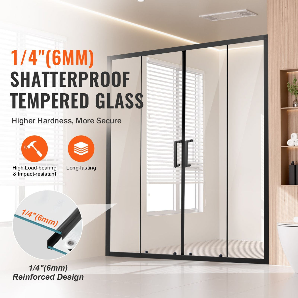 Semi-frameless Shower Door, 57.8-59 W x 70 H in, Double Sliding Glass Door- Matte Black