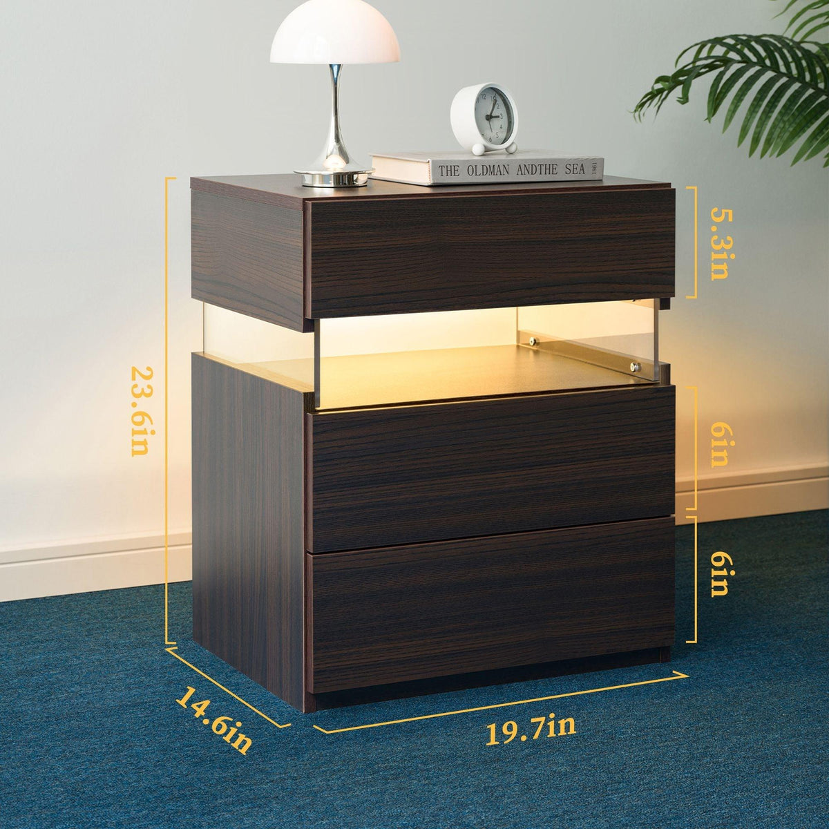 LED Nightstand 3 Drawer Dresser for Bedroom End Table with Acrylic Board LED Bedside Tables (Walnut)