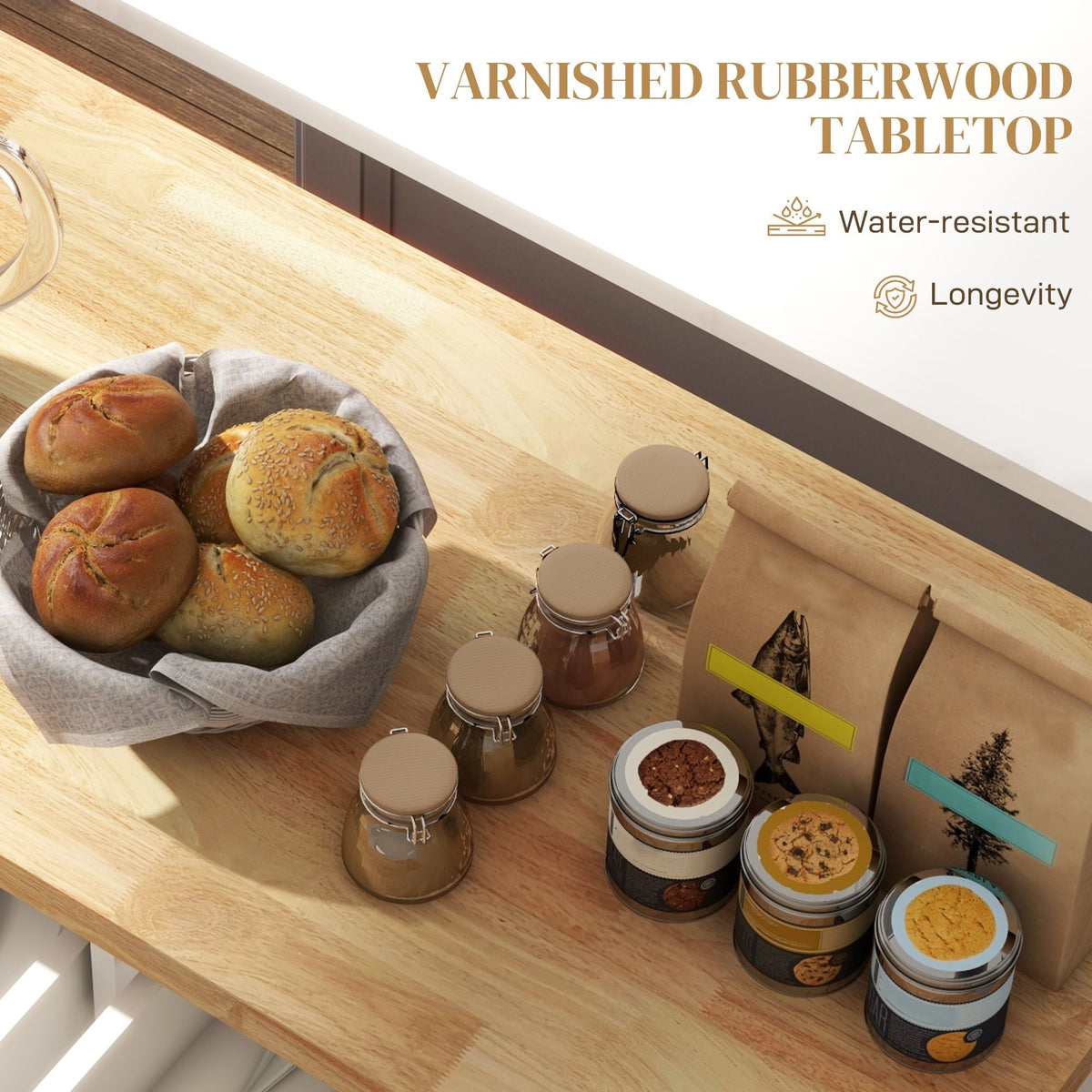 Kitchen Island on Wheels, Rolling Cart with Rubberwood Top, Spice Rack, Towel Rack and Drawers, Cream White