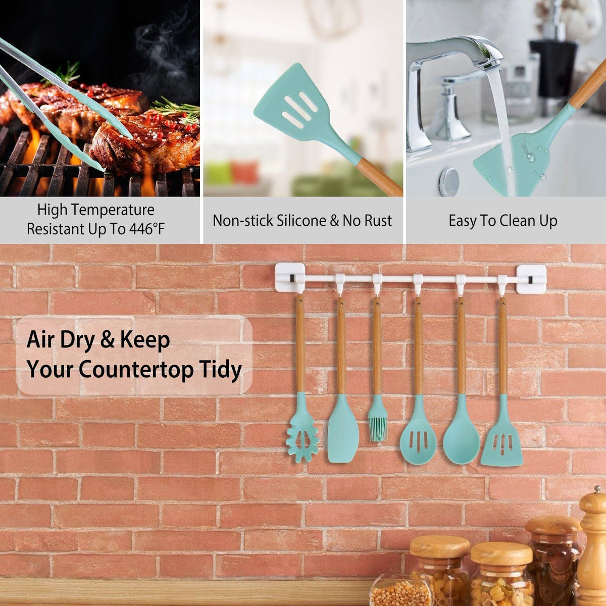 11-Piece Premium Silicone Cooking Utensil Set with Heat-Resistant Wooden Handles for Versatile Kitchen Use