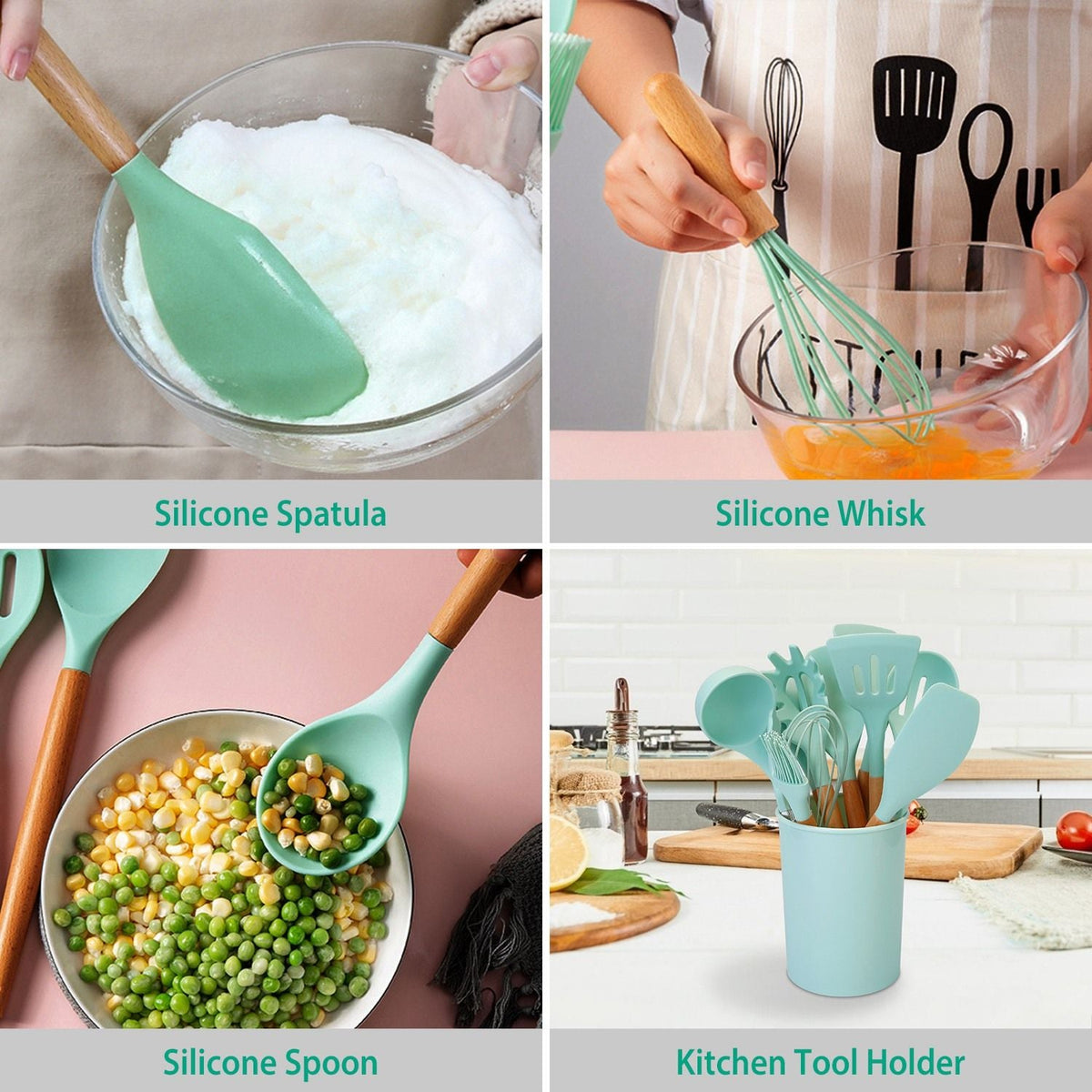 11-Piece Premium Silicone Cooking Utensil Set with Heat-Resistant Wooden Handles for Versatile Kitchen Use