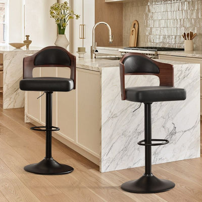 Set of 2  Wooden Barstools PU Leather Upholstered Bar Chairs