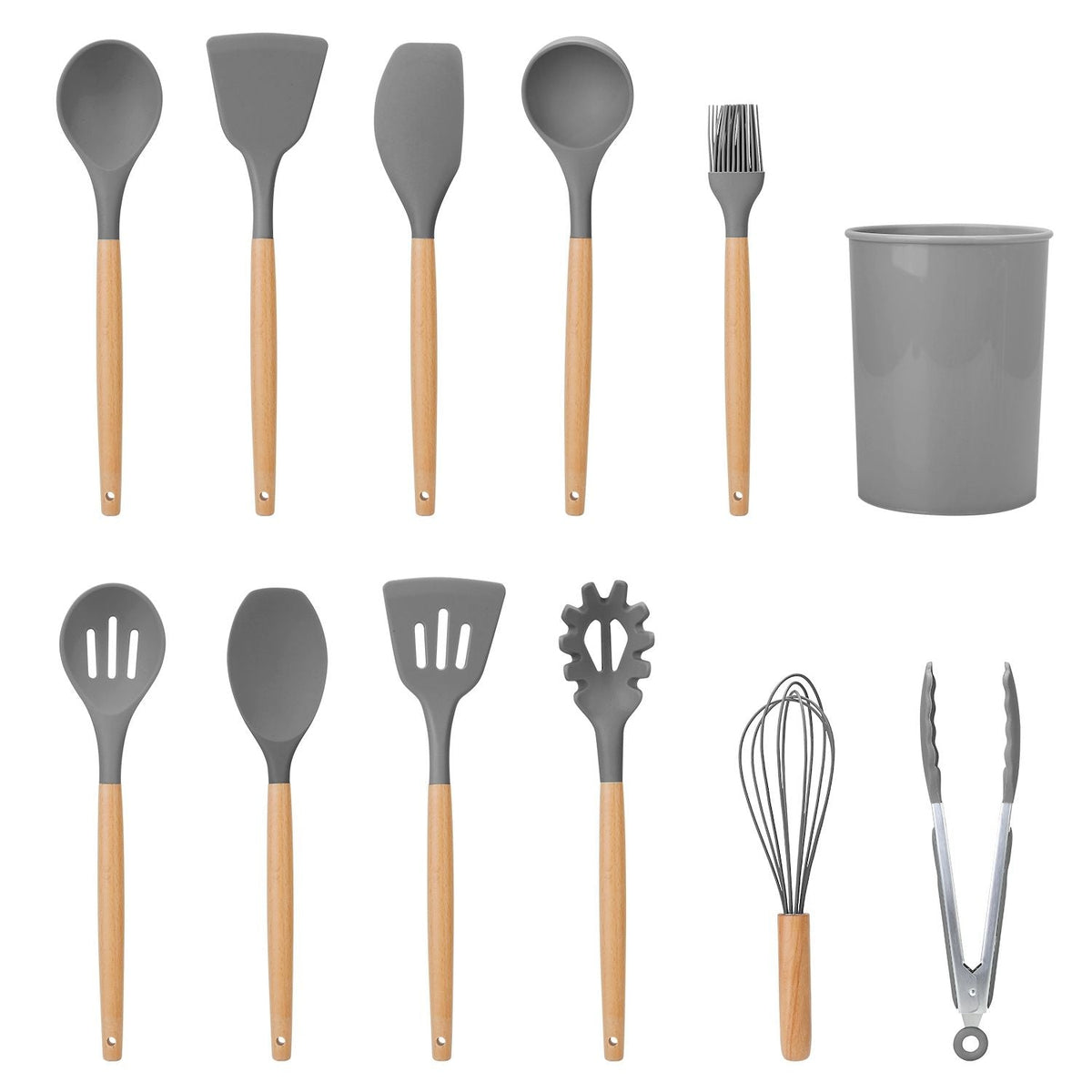 11-Piece Premium Silicone Cooking Utensil Set with Heat-Resistant Wooden Handles for Versatile Kitchen Use