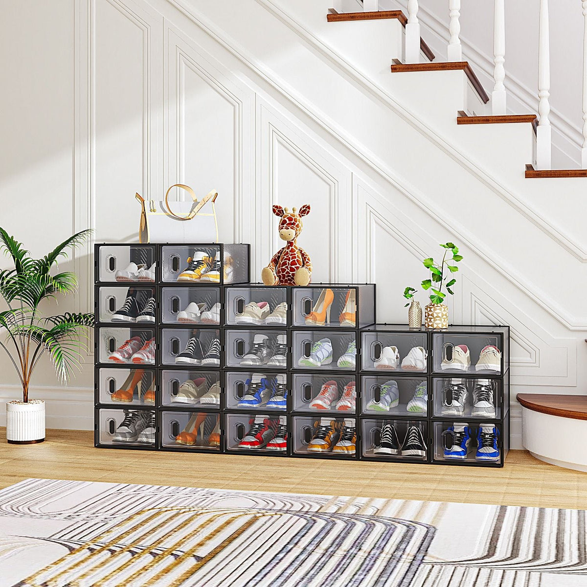 6/12/18/24/36PCS Stackable Shoe Storage Cabinet with Clear Front Door Plastic Sneaker Organizer
