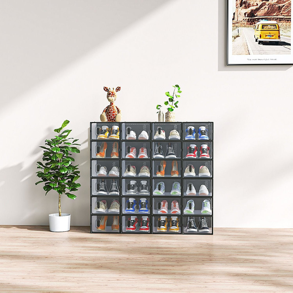 6/12/18/24/36PCS Stackable Shoe Storage Cabinet with Clear Front Door Plastic Sneaker Organizer