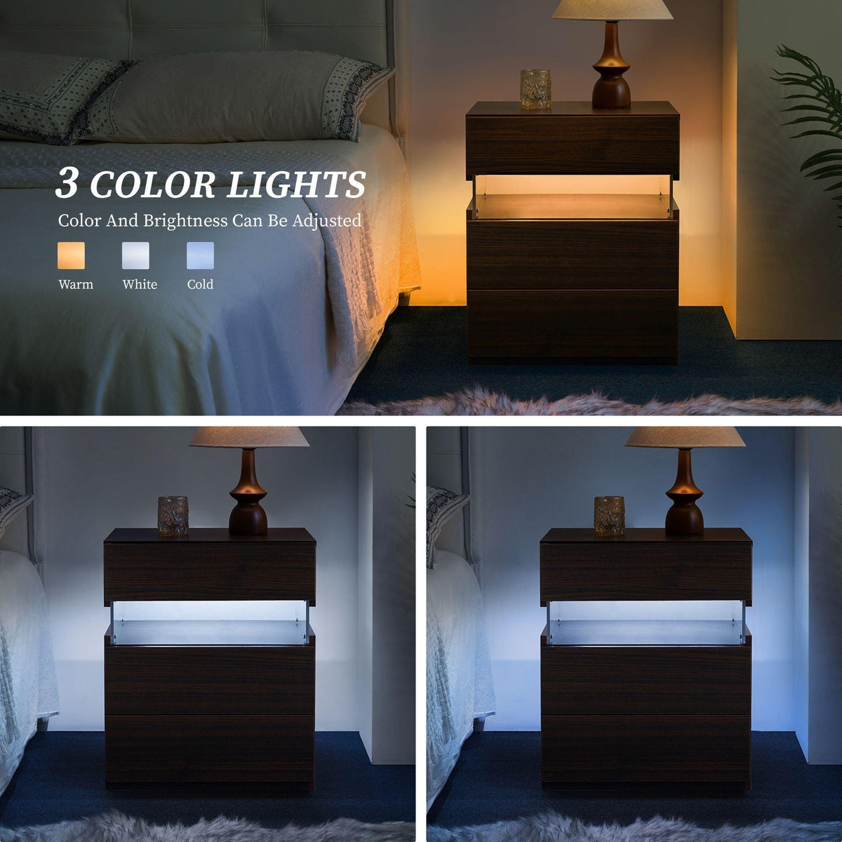 LED Nightstand 3 Drawer Dresser for Bedroom End Table with Acrylic Board LED Bedside Tables (Walnut)
