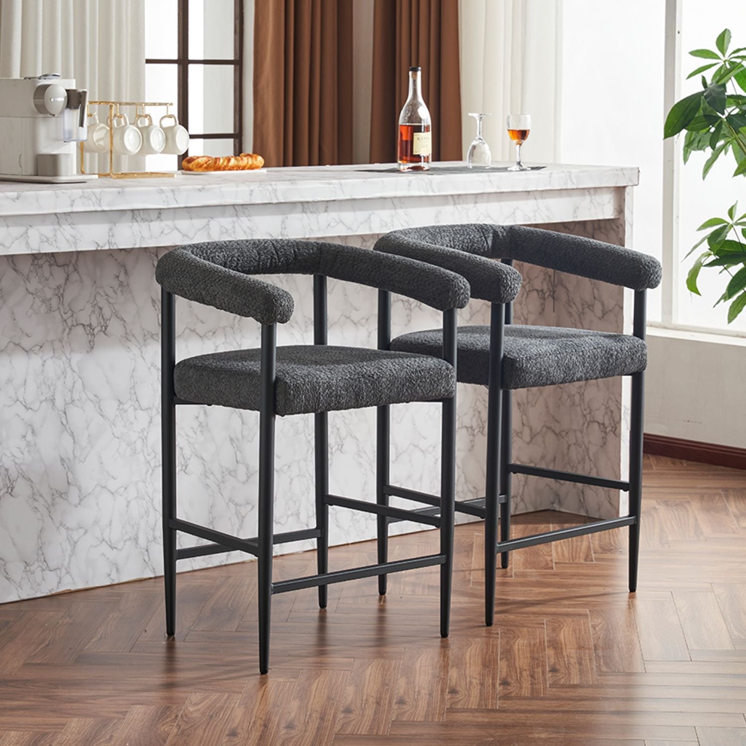 Modern Upholstered Bar Stools Set of 2, Boucle Fabric Counter Height Chairs BLAKHOM