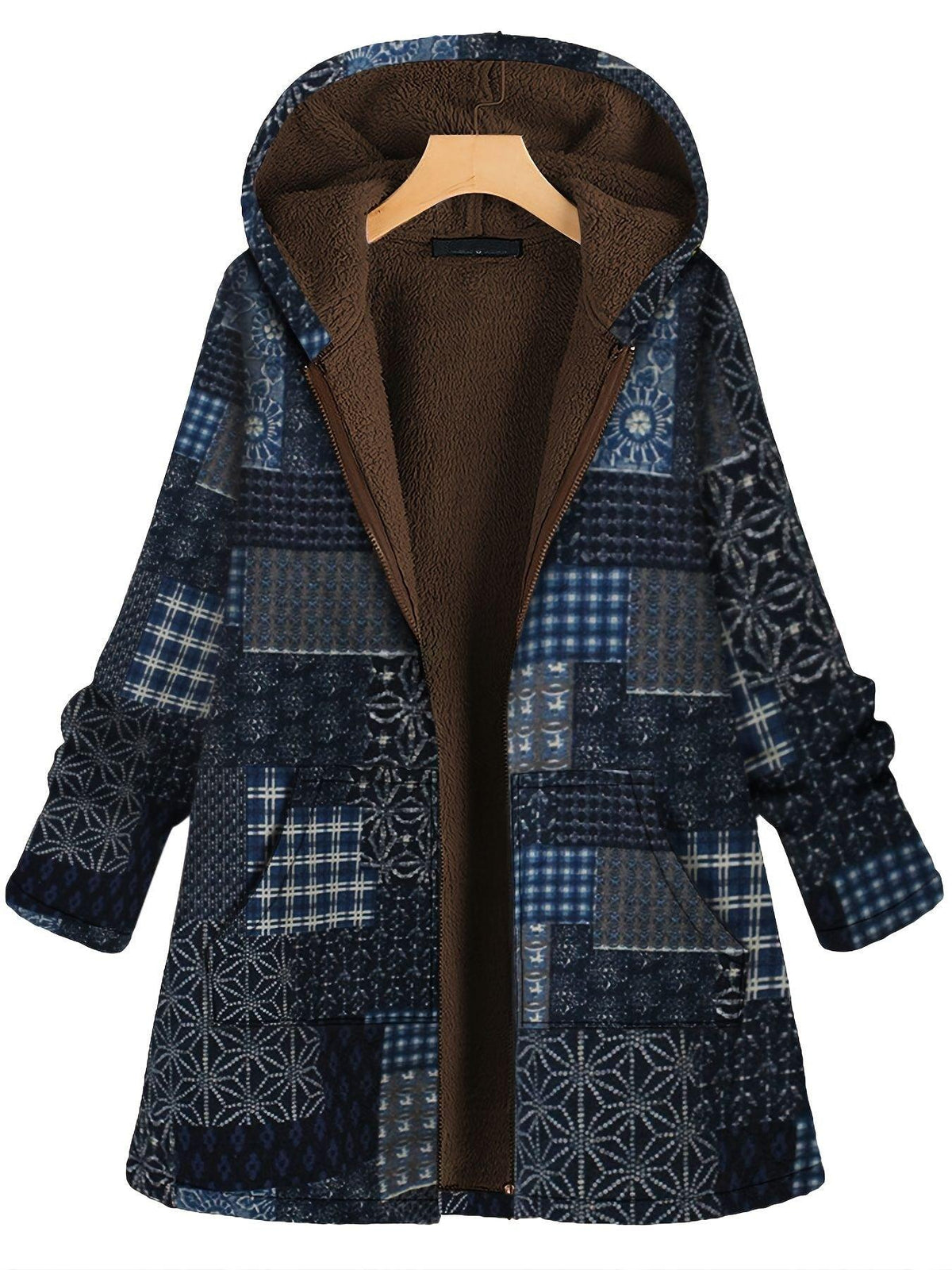 Plus Size Patchwork Print Hoodie Fleece Liner Thermal Coat; Women's Plus Long Sleeve Casual Coat