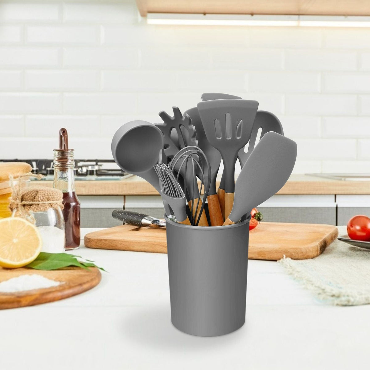 11-Piece Premium Silicone Cooking Utensil Set with Heat-Resistant Wooden Handles for Versatile Kitchen Use