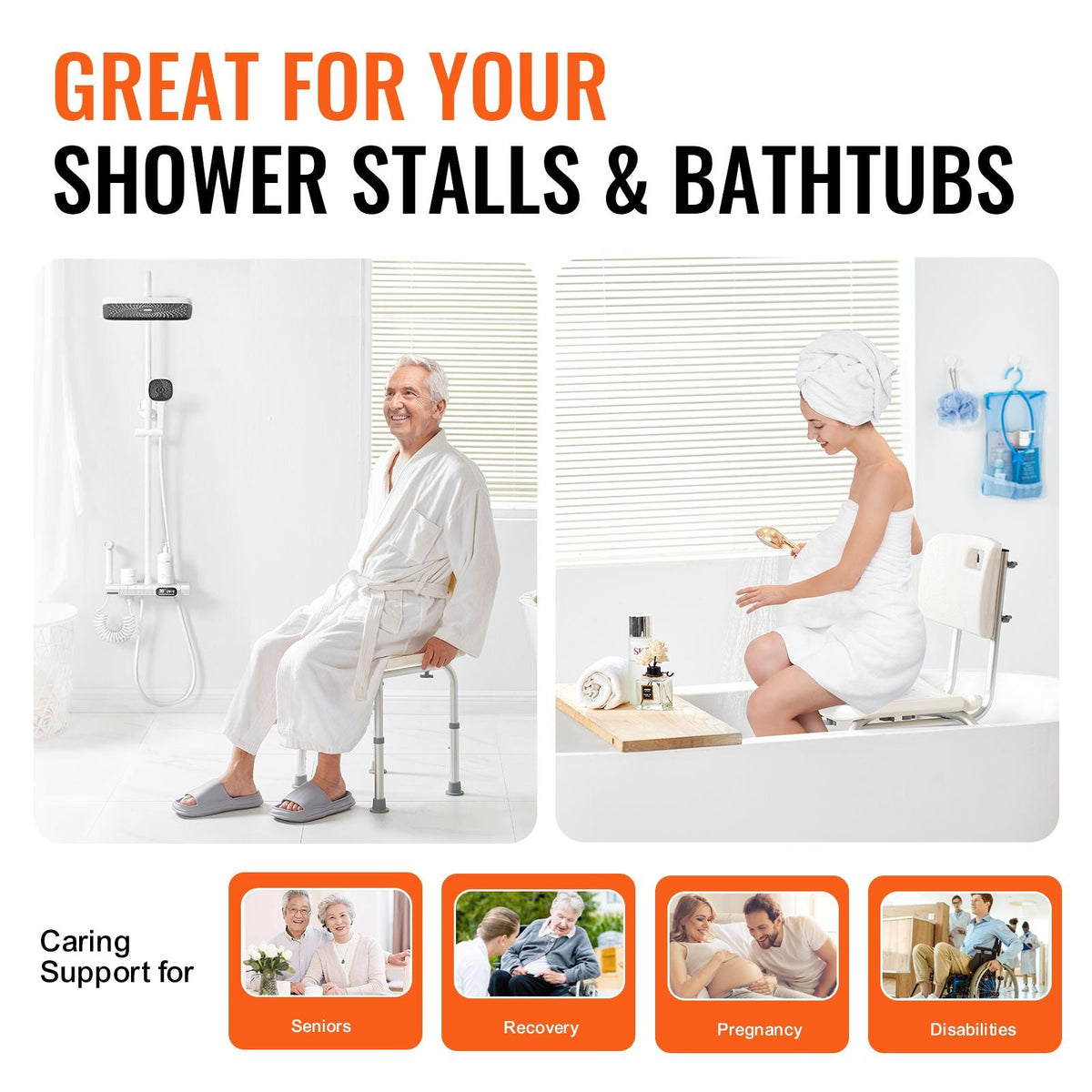 Shower Chair with Back Adjustable Non-Slip Bath Seat 350 lbs