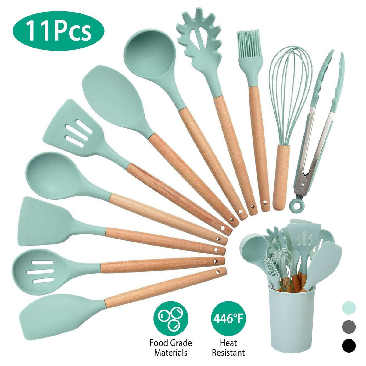 11-Piece Premium Silicone Cooking Utensil Set with Heat-Resistant Wooden Handles for Versatile Kitchen Use