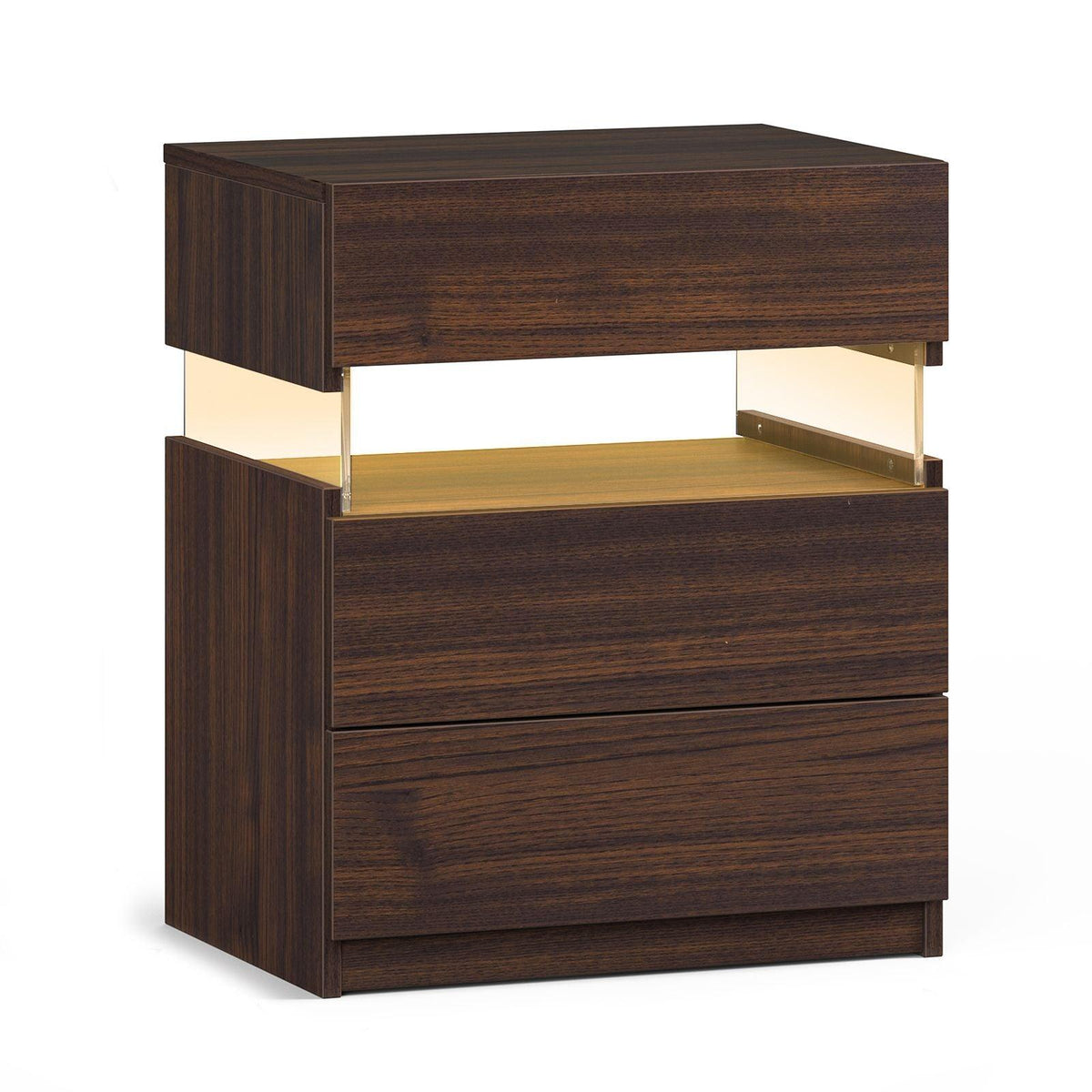 LED Nightstand 3 Drawer Dresser for Bedroom End Table with Acrylic Board LED Bedside Tables (Walnut)