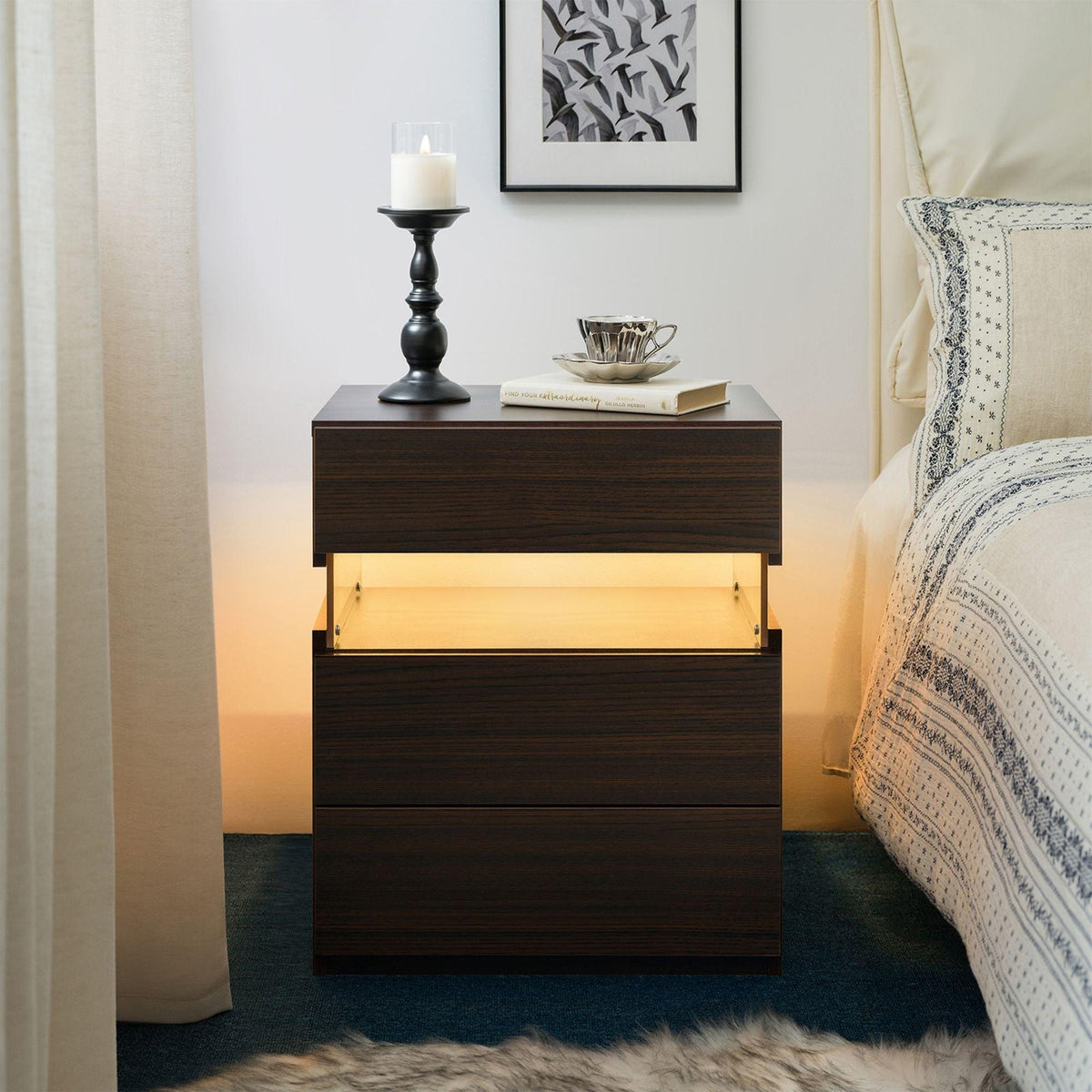 LED Nightstand 3 Drawer Dresser for Bedroom End Table with Acrylic Board LED Bedside Tables (Walnut)