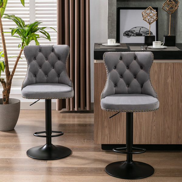 Elegant Set of 2 Swivel Velvet Barstools with diamond-tufted backs and gold nailhead accents, ideal for contemporary kitchen islands.