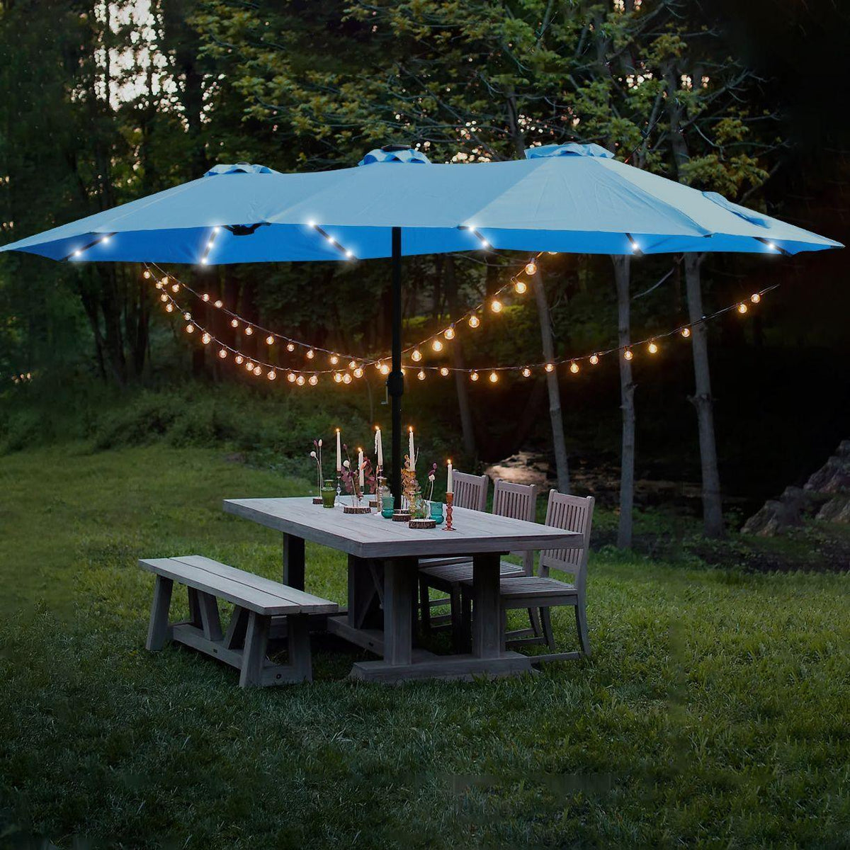 15x9ft Large Double-Sided Rectangular Outdoor Twin Patio Market Umbrella with light and base- blue