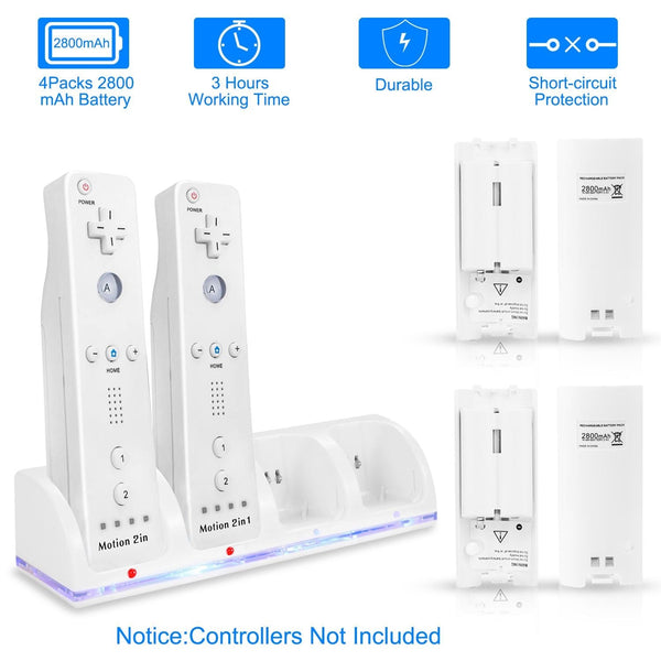 4 Remotes Charging Dock Game Controller Charger 2800mAh Rechargeable Battery Charging Stations w/ LED Indicator for Wii Nintendo Berry Charmz