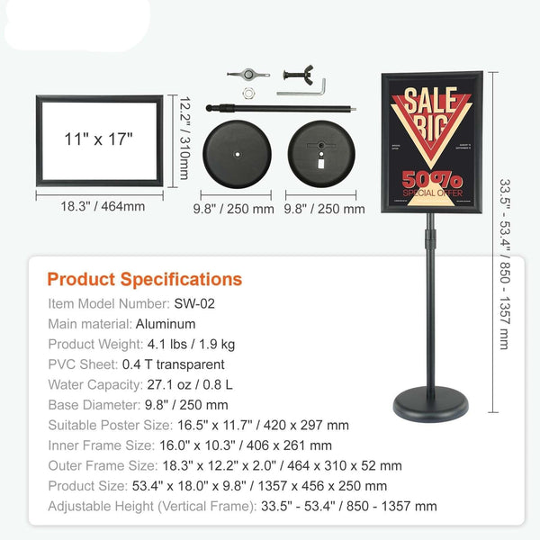 Pedestal Sign Holder, 11 x 17 Inch Vertical and Horizontal Adjustable Poster Stand