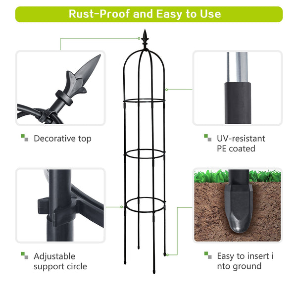 6.2ft Garden Obelisk Trellis; Lightweight Rustproof Plastic Coated Metal Tall Tower Trellis Stand Berry Charmz