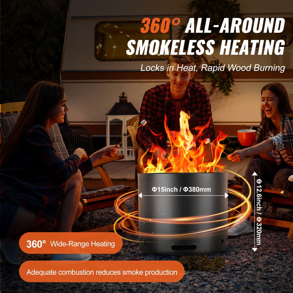 Smokeless Fire Pit Stove Bonfire, H: 12.6 in x Dia: 15 in ,Wood Burning Fireplaces with Removable Ash Pan, SUS430 Stainless Steel inner Portable