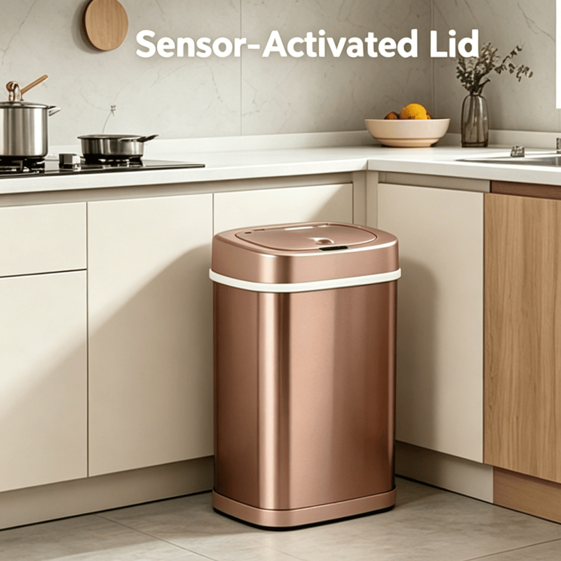 Automatic Sensor Trash Can, Stainless Steel Touch-Free Garbage Bin with Odor Sealing Lid, Waterproof Smart Waste Bin for Kitchen Bathroom Bedroom Office Home Indoor Use