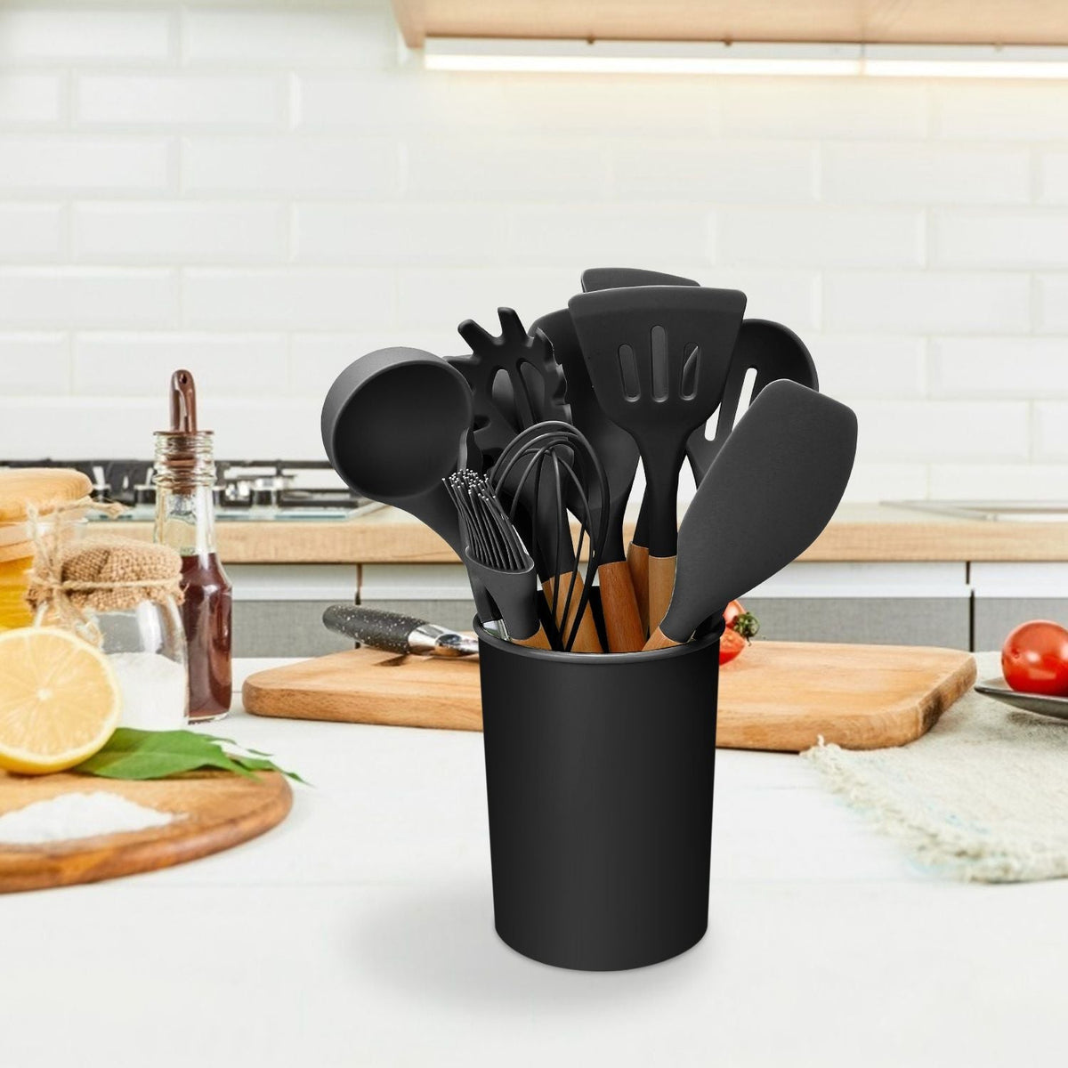 11-Piece Premium Silicone Cooking Utensil Set with Heat-Resistant Wooden Handles for Versatile Kitchen Use