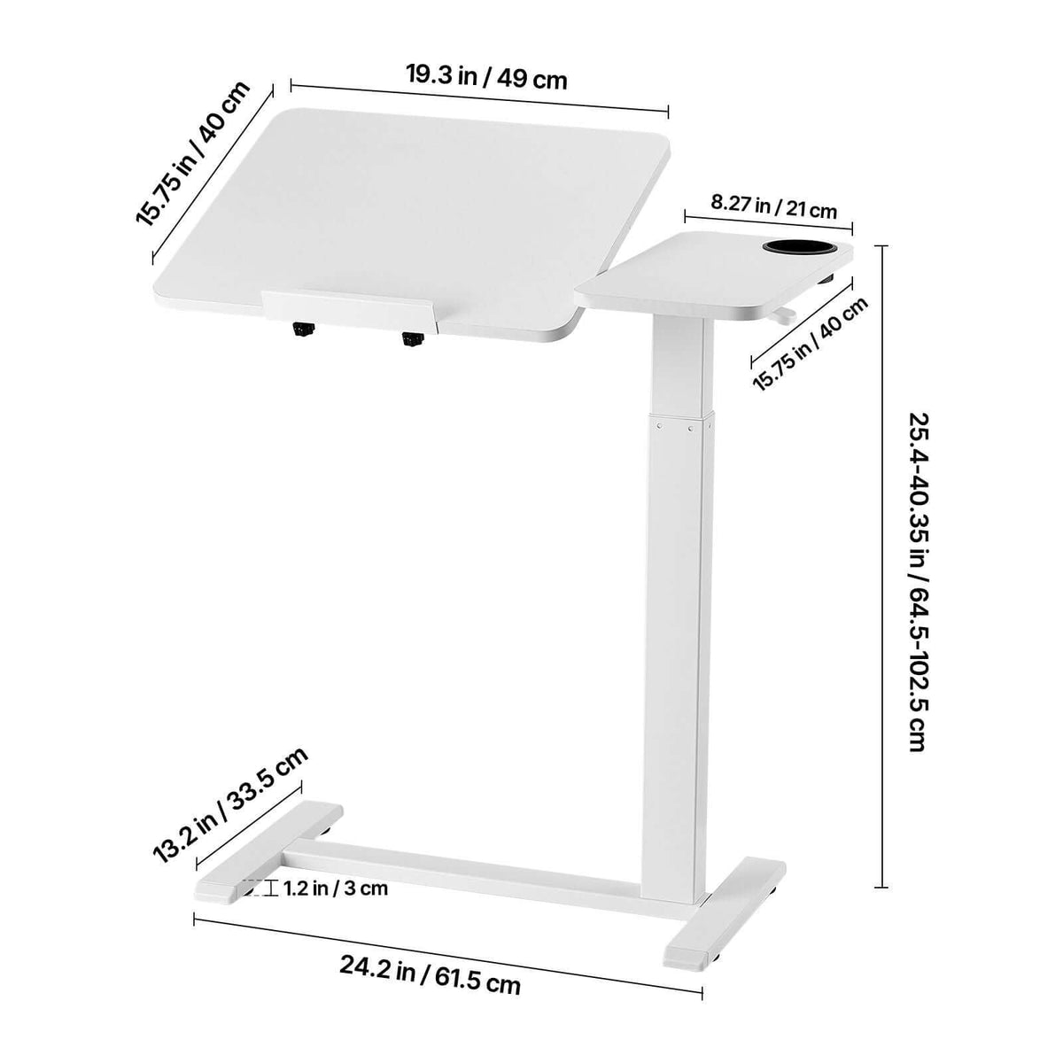 Portable Bedside Table with Adjustable Height & Angle - Rolling Laptop Desk with Flip Top Surface, 4 Hidden Wheels, Cup Holder, White