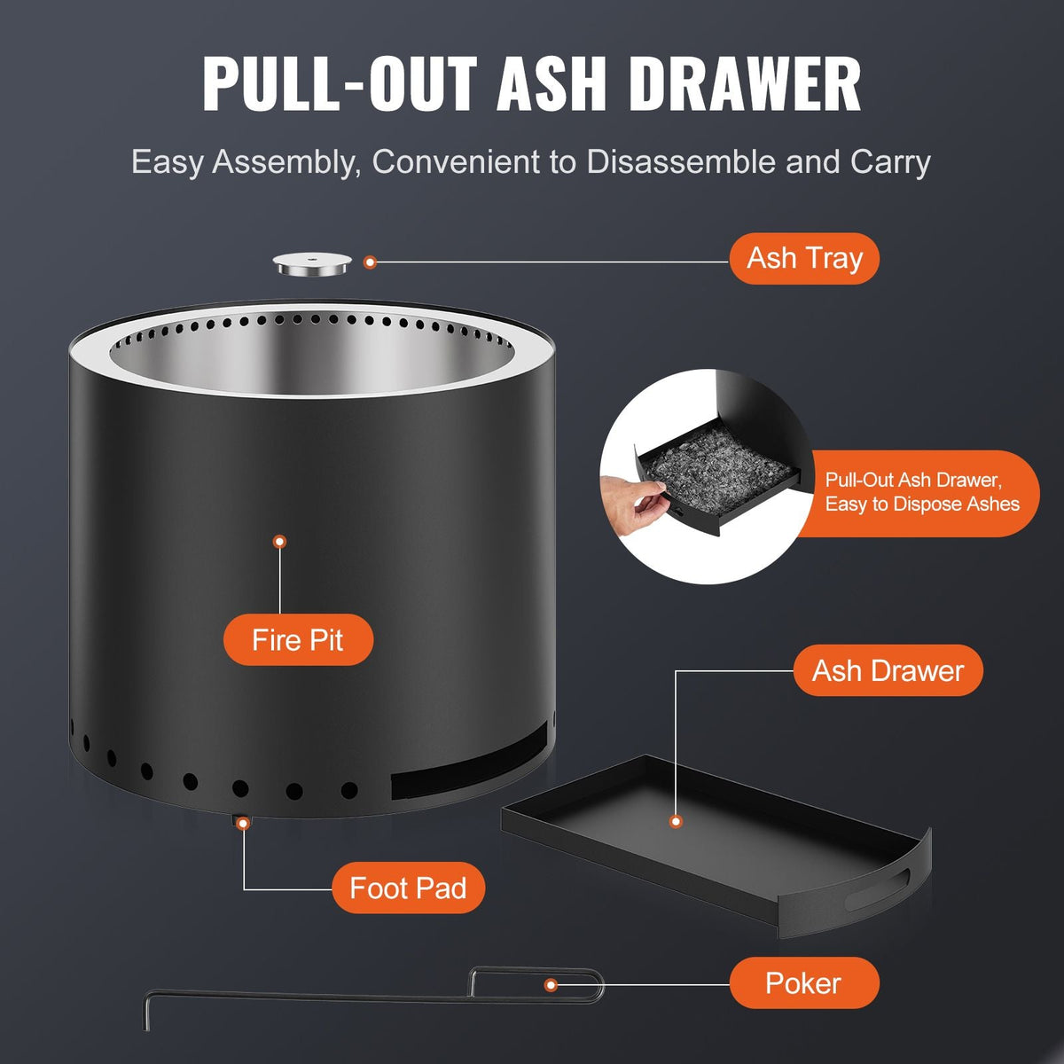 Smokeless Fire Pit Stove Bonfire, H: 12.6 in x Dia: 15 in ,Wood Burning Fireplaces with Removable Ash Pan, SUS430 Stainless Steel inner Portable