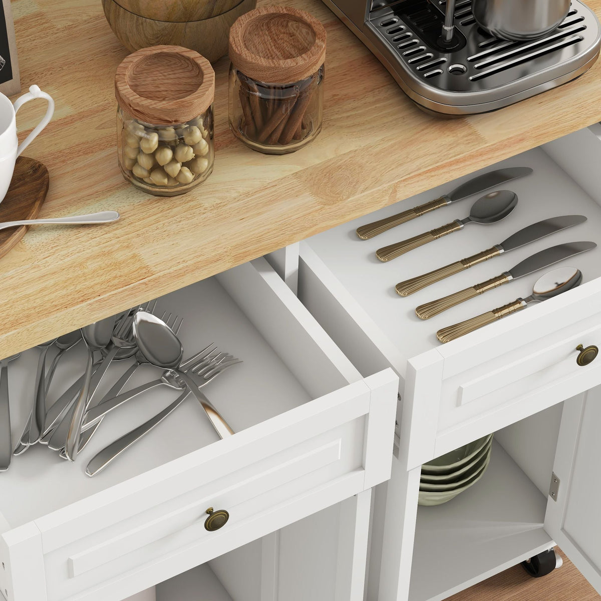 Kitchen Island on Wheels, Rolling Cart with Rubberwood Top, Spice Rack, Towel Rack and Drawers, Cream White