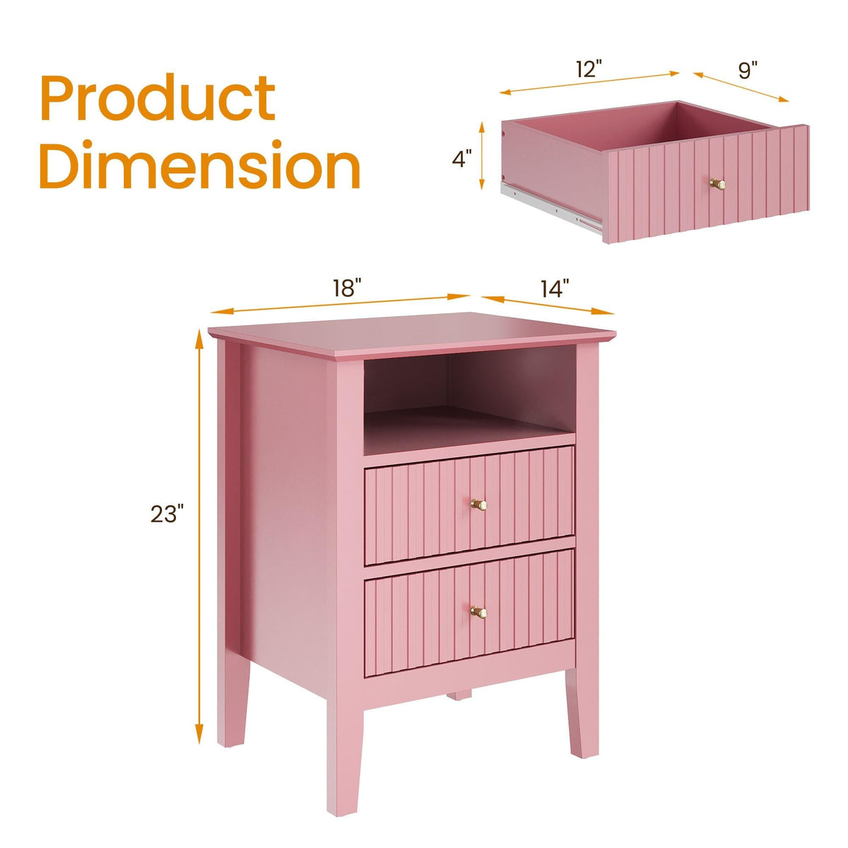 Modern Fluted Night Stand Pair - Chic Pink Wooden End Tables with 2 Drawers and Gold Handles for Bedrooms